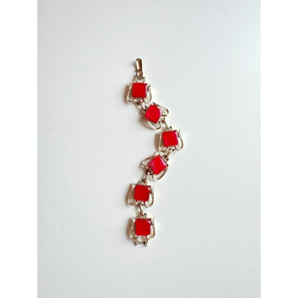 Vintage CORO Gold Tone Square Cherry Red Lucite Thermoset Link Bracelet